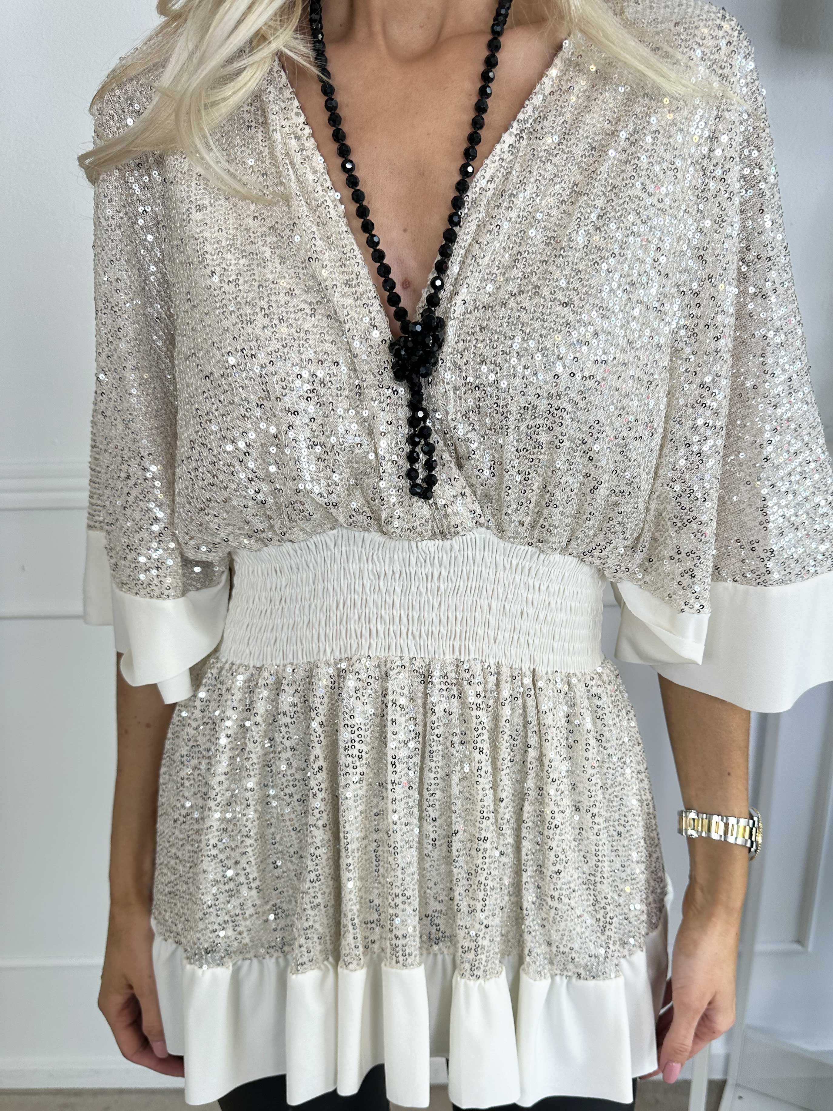 Pamela Glitter Shirt - Paillettunika med smock og flæser